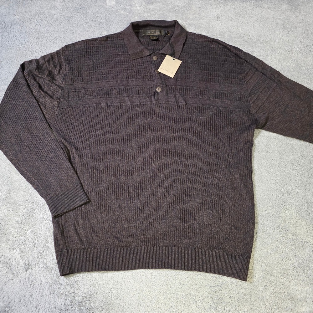 AXIS Mens L Long Sleeve‎ Polo Sweater Brown Silk Cotton Textured Knit F9107 Bear
